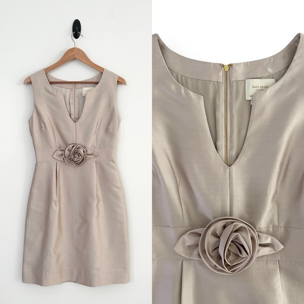 Kate Spade Women's 4 Beige Gold Metallic Satiny Floral Mini Knee Sheath Dress